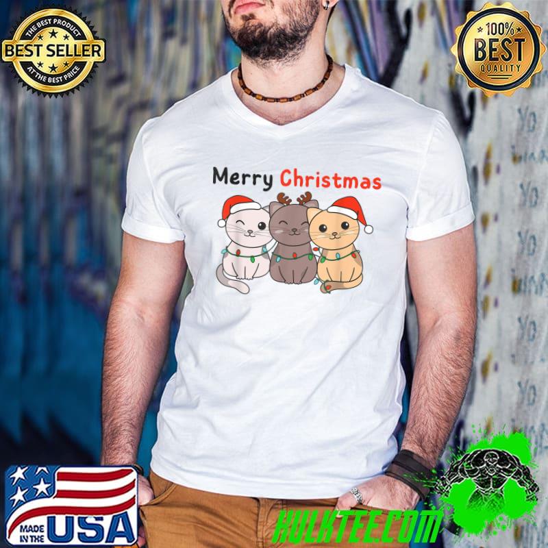 Merry Christmas Cat Christmas Animals Wear Hat Santa T-Shirt