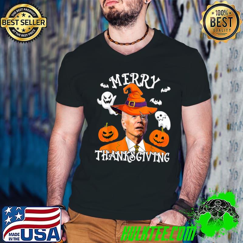 Merry Thanksgiving Joe Biden Hat Witch Pumpkin Ghost Confused Halloween T-Shirt