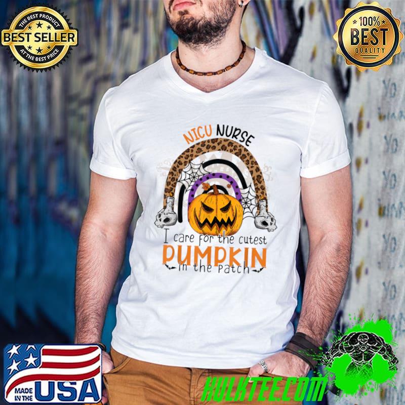 Nicu Nurse I Care For The Cutest Pumpkins In The Patch Halloween Rainbow Leopard T-Shirt