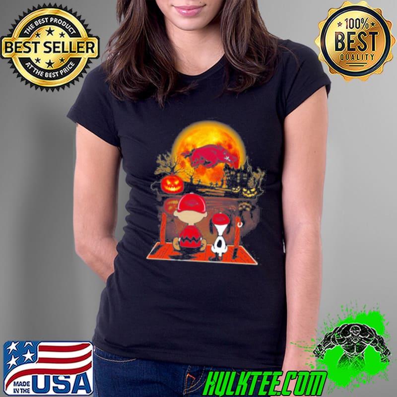 Snoopy and Charlie brown pumpkin arKansas razorbacks halloween moon classic s Ladies Tee Snoopy and Charlie brown pumpkin arKansas razorbacks halloween moon classic s Ladies Tee