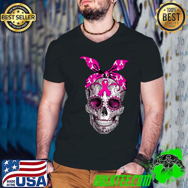 Sugar Skull Pink Ribbon Breast Cancer Awareness T-Shirt