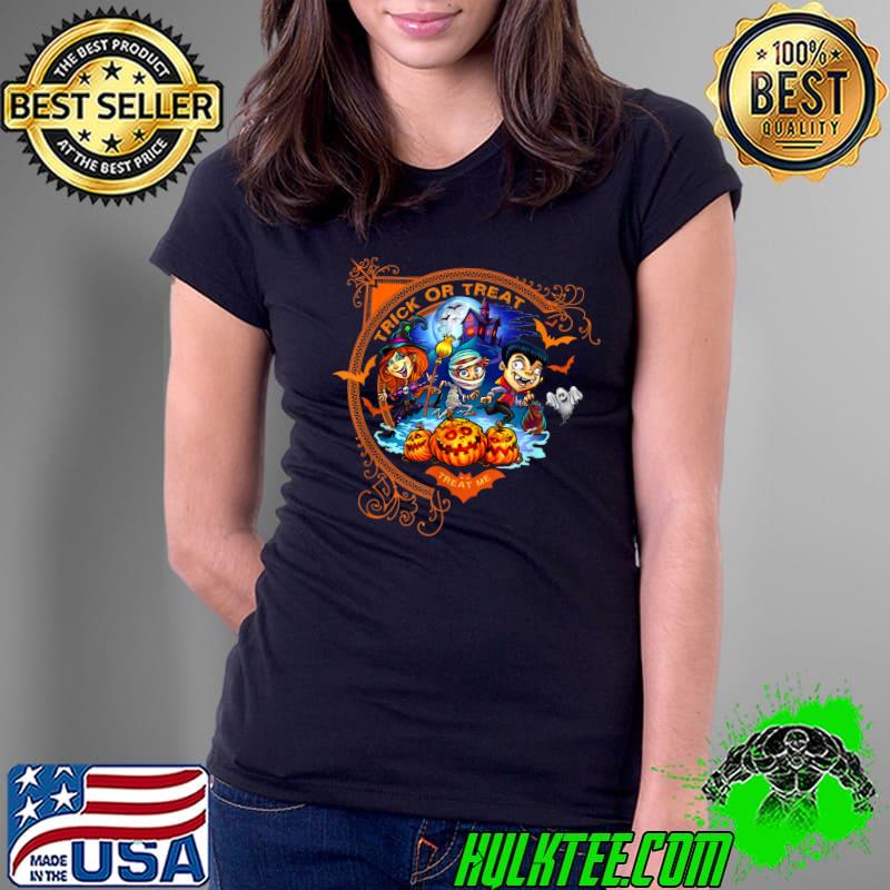 Trick Or Treat Zombie Witch Bat Pumpkin Halloween T-Shirt Ladies Tee Trick Or Treat Zombie Witch Bat Pumpkin Halloween T-Shirt Ladies Tee