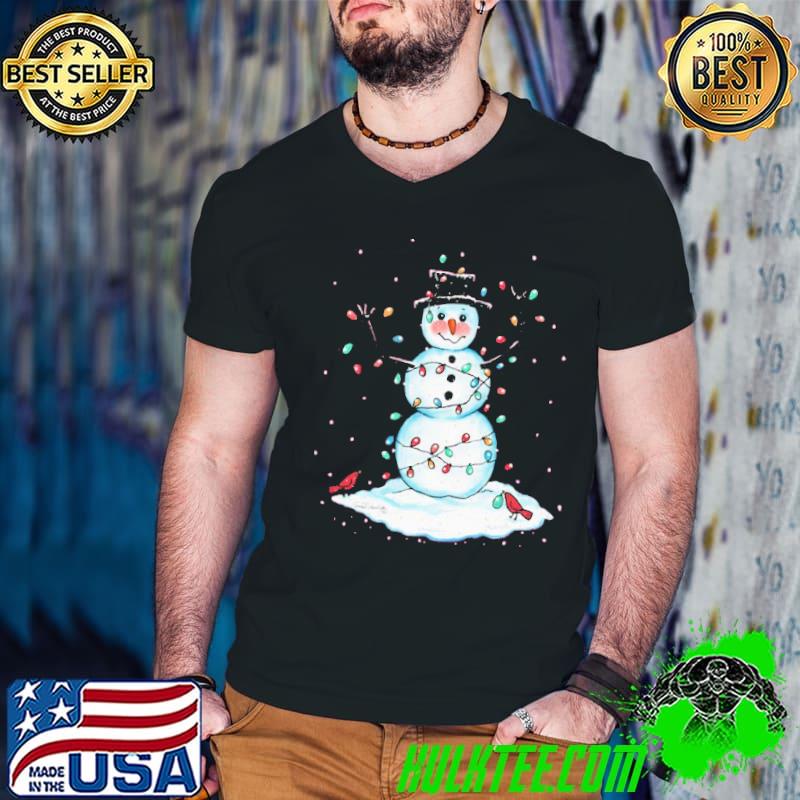 Fun snowman with christmas lights on green shirt