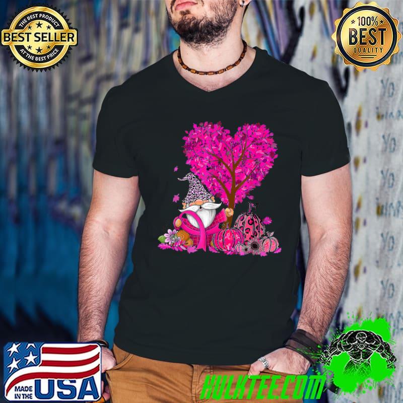Gnomes Pumpkin Tree Autumn Breast Cancer Awareness Ribbon Pumpkin Leopard T-Shirt