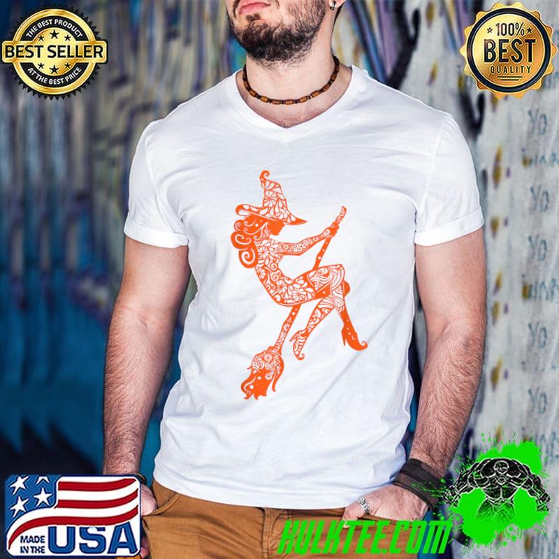 Halloween Mandala Witch On Broom Artistic Boo T-Shirt