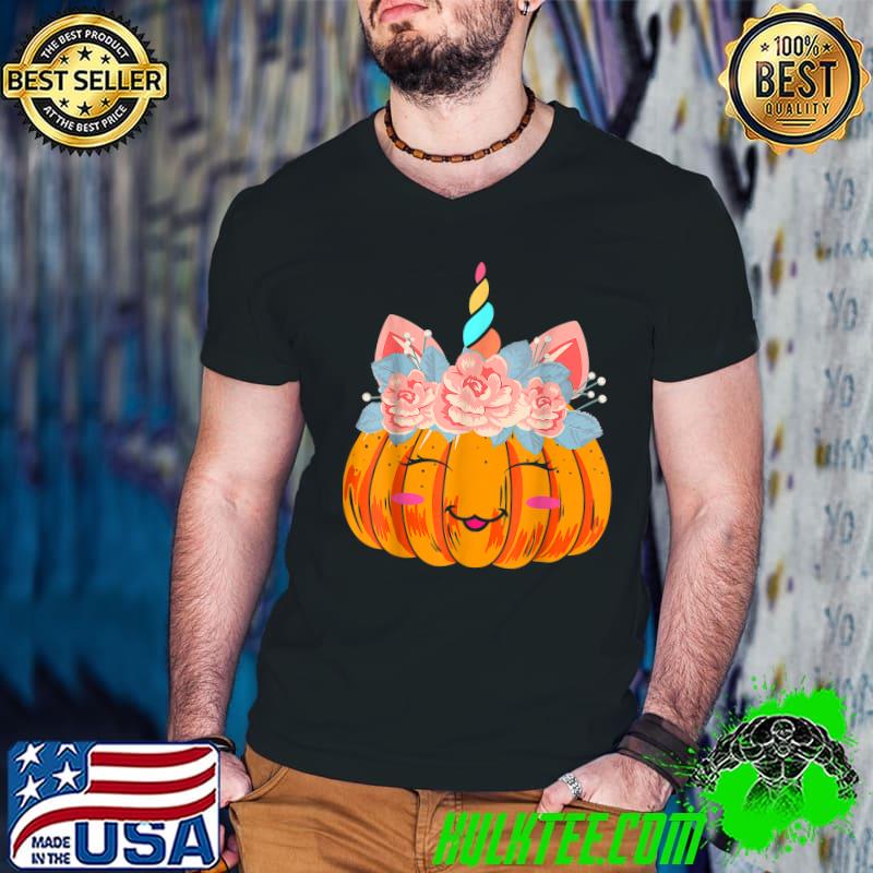 Halloween Thanksgiving Cute Unicorn Pumpkin Costume Flowers T-Shirt