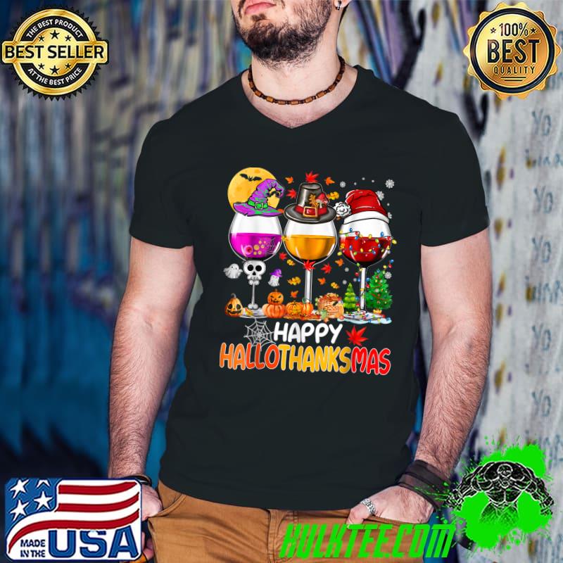 Happy Hallothanksmas Wine Glasses Witch Santa Hat Pumpkin T-Shirt