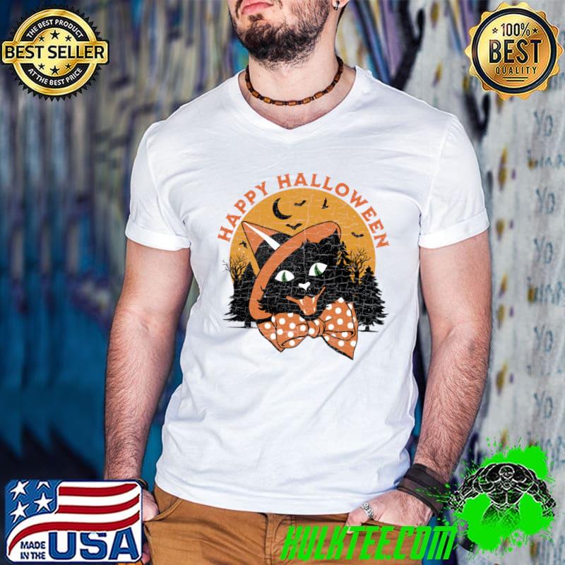 Happy Halloween Spooky Black Cat Bats Moon Forest T-Shirt