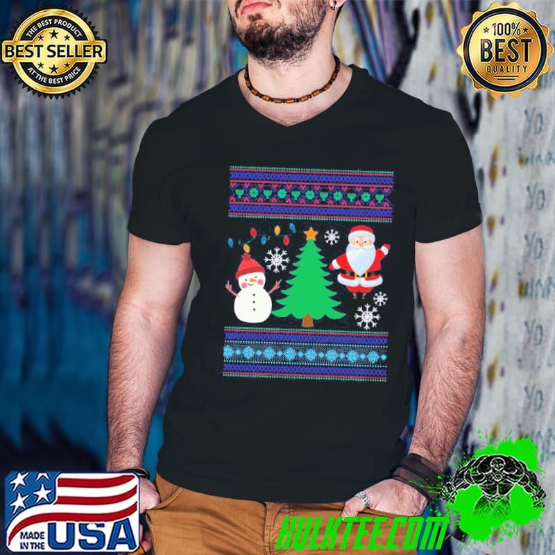 Happy snowman with santa claus and a christmas tree shirt