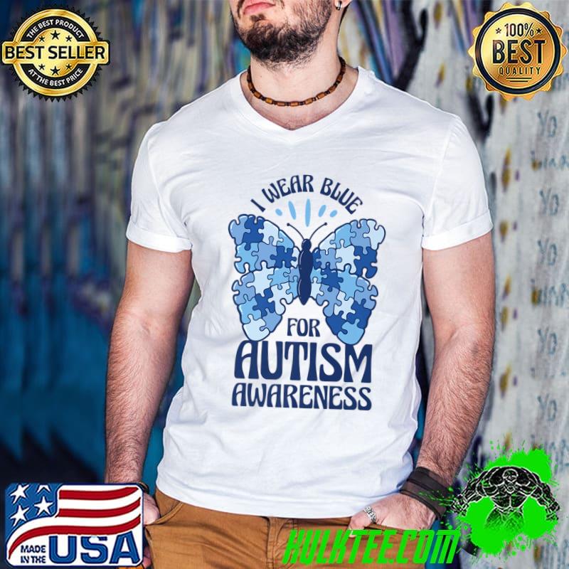 I Wear Blue For Autism Aweseness Butterfly Puzzle Autism Awareness Blue Graphic T-Shirt