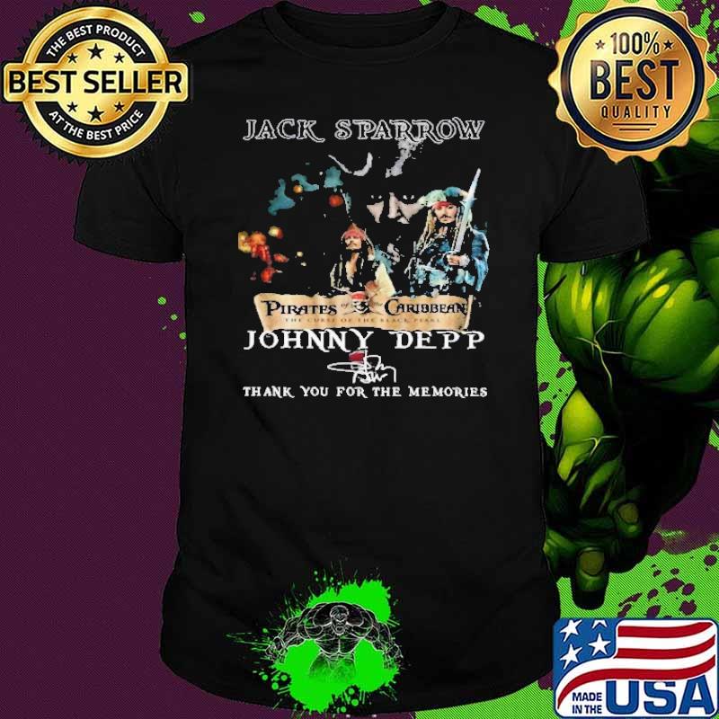 Jack sparrow pirates caribbean johnny depp thank for memories signature shirt