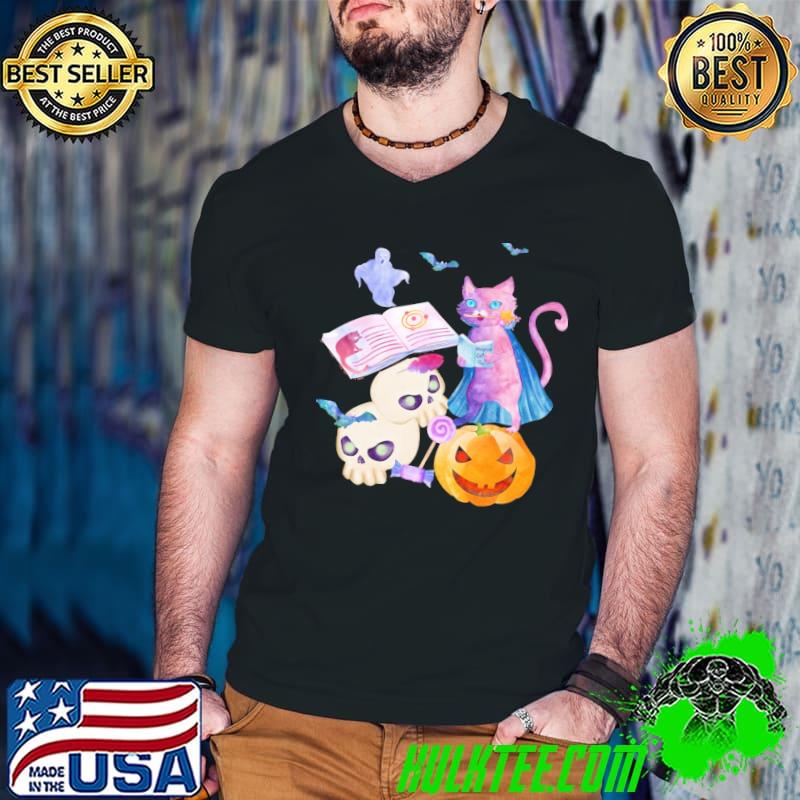 Magical cat with blue eyes halloween pumpkin head bats skulls shirt