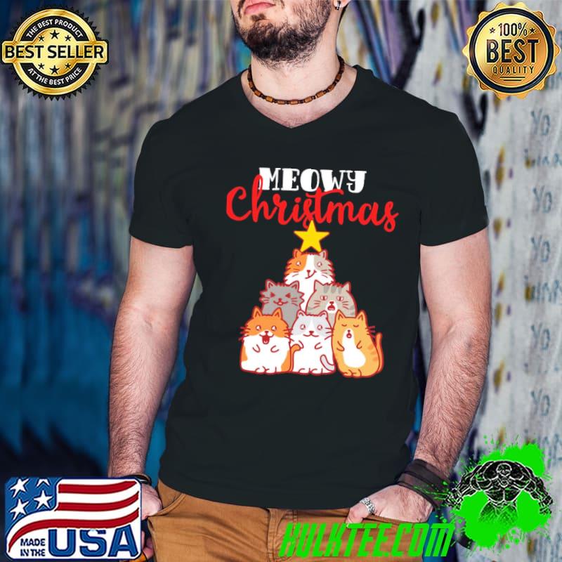 Meowy christmas tree merry christmas shirt