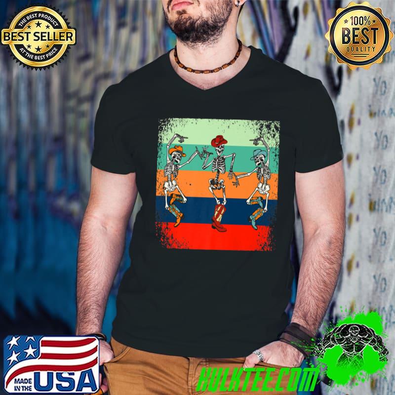 Retro Cowboy Hat Sunset Halloween Dancing Skeleton T-Shirt