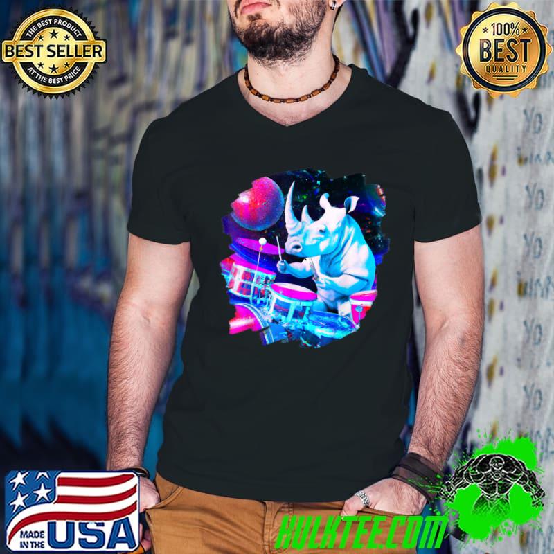 Rhinoceros Playing Drums in Space Outer Space Music Rhino T-Shirt