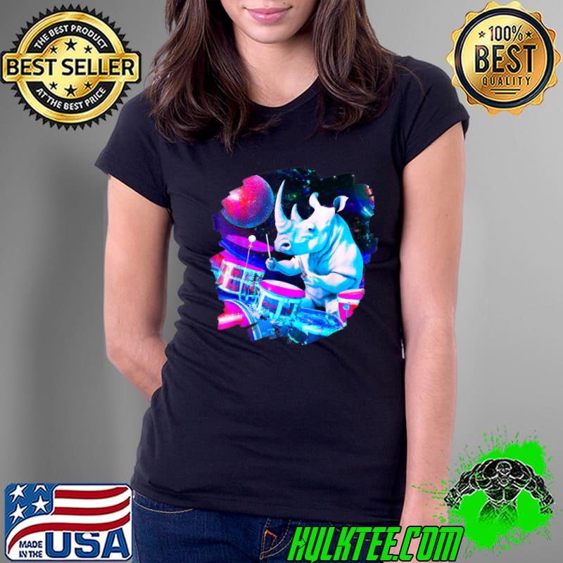 Rhinoceros Playing Drums in Space Outer Space Music Rhino T-Shirt Ladies Tee Rhinoceros Playing Drums in Space Outer Space Music Rhino T-Shirt Ladies Tee