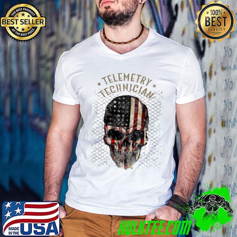 Telemetry Technician Watercolor Skull In American Flag T-Shirt