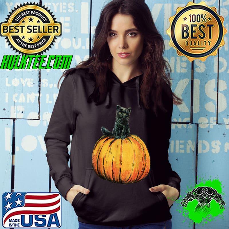 Cute halloween black cat sitting on orange pumpkin T-Shirt Hoodie Cute halloween black cat sitting on orange pumpkin T-Shirt Hoodie