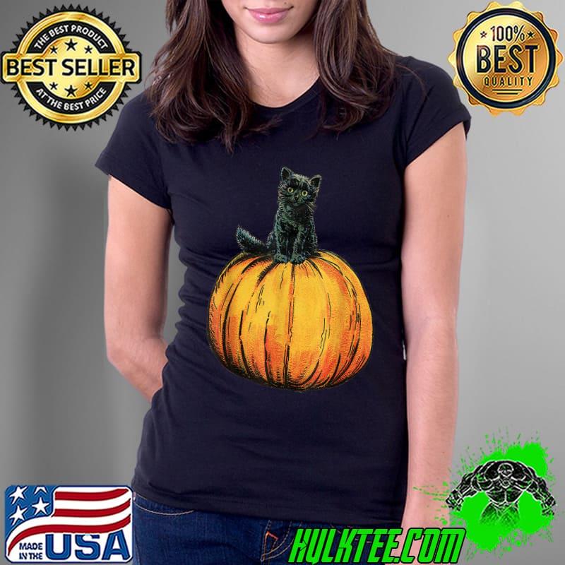 Cute halloween black cat sitting on orange pumpkin T-Shirt Ladies Tee Cute halloween black cat sitting on orange pumpkin T-Shirt Ladies Tee