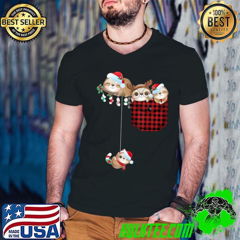 Cute Sloth Christmas Pajamas In Plaid Pocket Xmas T-Shirt