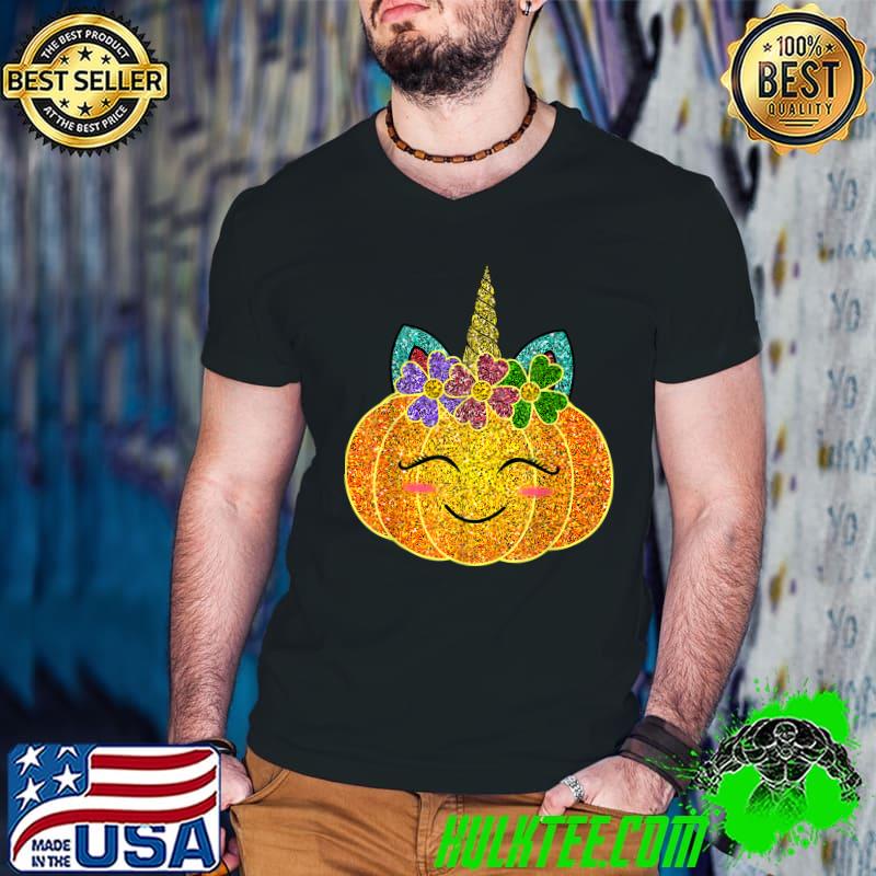 Halloween Thanksgiving Pumpkin Unicorn Girls Flowers Costume T-Shirt
