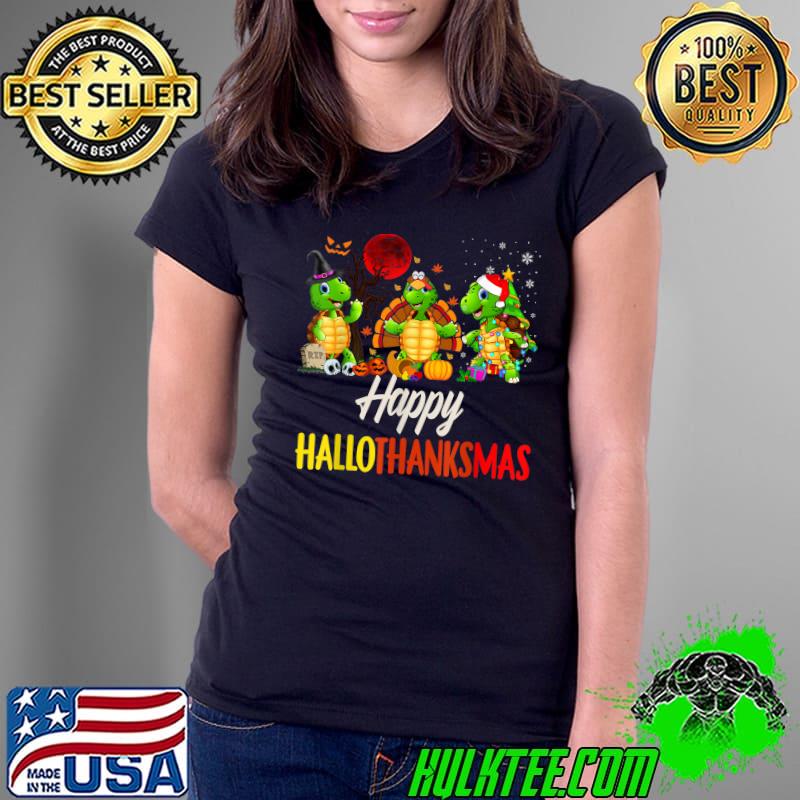 Happy Hallothanksmas Santa Turtle With Blood Moon Halloween Thanksgiving T-Shirt Ladies Tee Happy Hallothanksmas Santa Turtle With Blood Moon Halloween Thanksgiving T-Shirt Ladies Tee