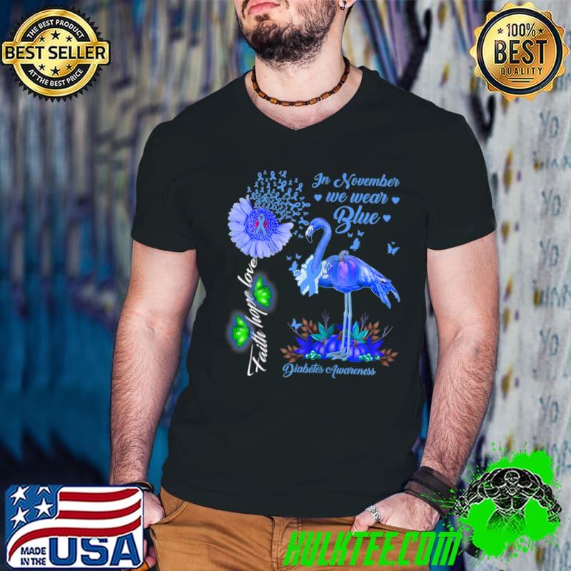 In November We Wear Blue Flamingo Flower And Butterflies Diabetes Awareness T-Shirt