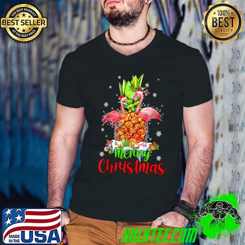 Merry Christmas Pineapple Flamingo Santa Hat Xmas T-Shirt