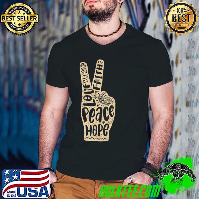 Peace hand gesture with words peace sign hand gesture shirt