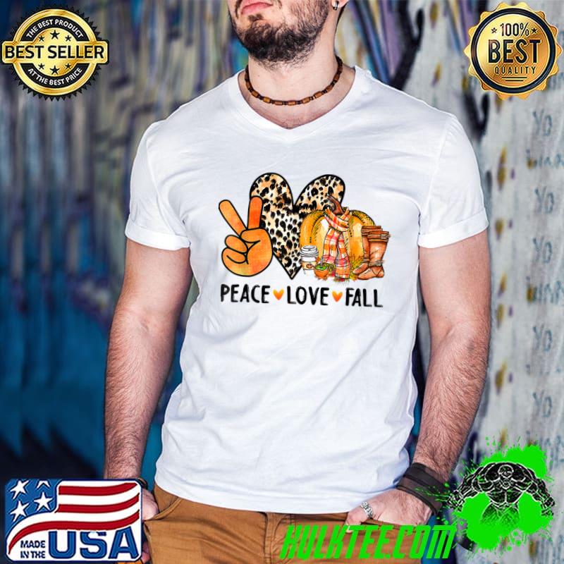 Peace Love Fall Heart Leopard Pumpkin Autumn Happy Thanksgiving T-Shirt