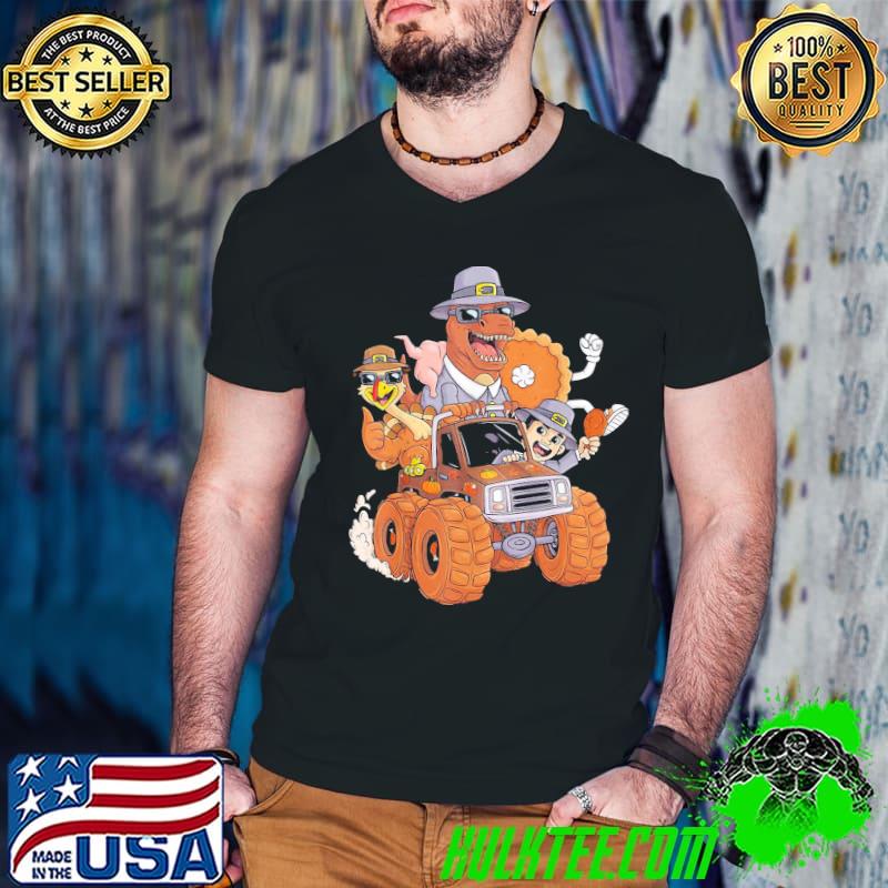Thanksgiving Turkey pie pilgrim t rex riding truck boys kids funny thanksgiving shirt