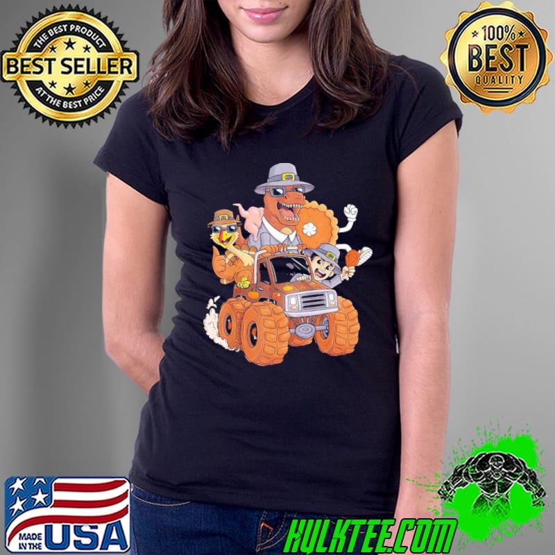 Thanksgiving Turkey pie pilgrim t rex riding truck boys kids funny thanksgiving s Ladies Tee Thanksgiving Turkey pie pilgrim t rex riding truck boys kids funny thanksgiving s Ladies Tee