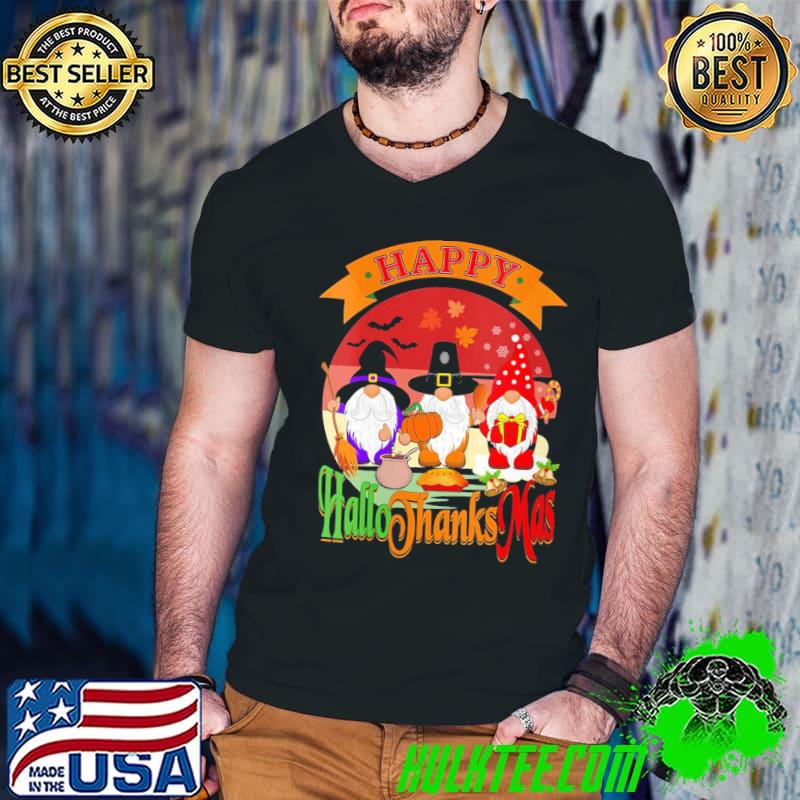 Womens happy hallothanksmas gnomes halloween christmas funny thanksgiving shirt