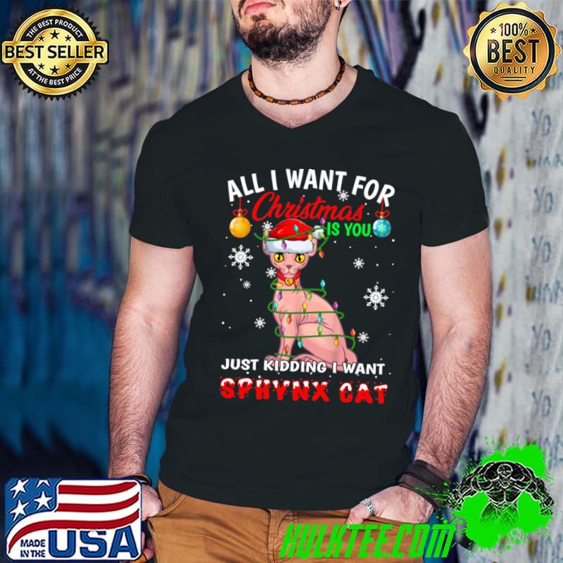 All i want for christmas is you just kidding i want sphynx cat lights santa hat T-Shirt