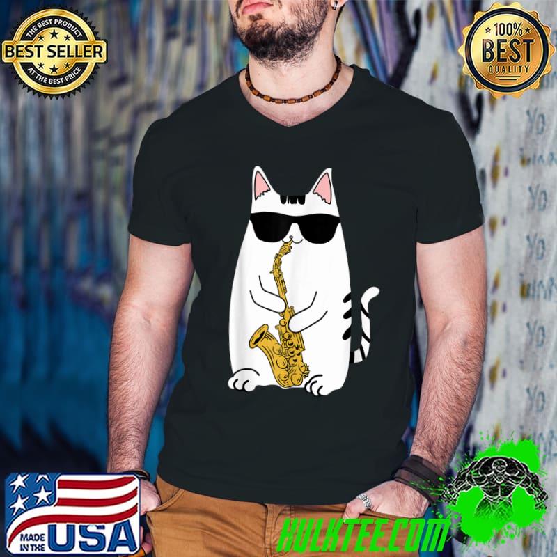 Cat Lovers Gift Cat Playing Saxophone With Sunglasses T-Shirt