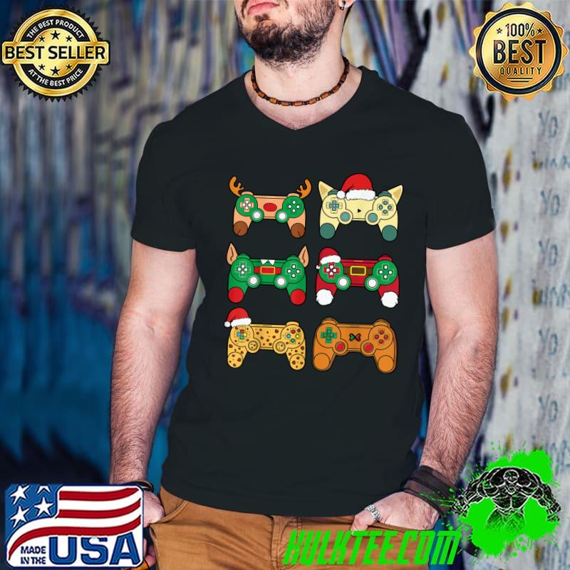 Christmas video game controller santa hat gamer reindeer elf santa tiger bear T-Shirt