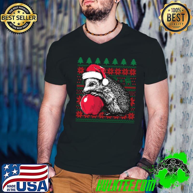 Hedgehog Christmas Pattern With Apple And Santa Hat Ugly Xmas T-Shirt