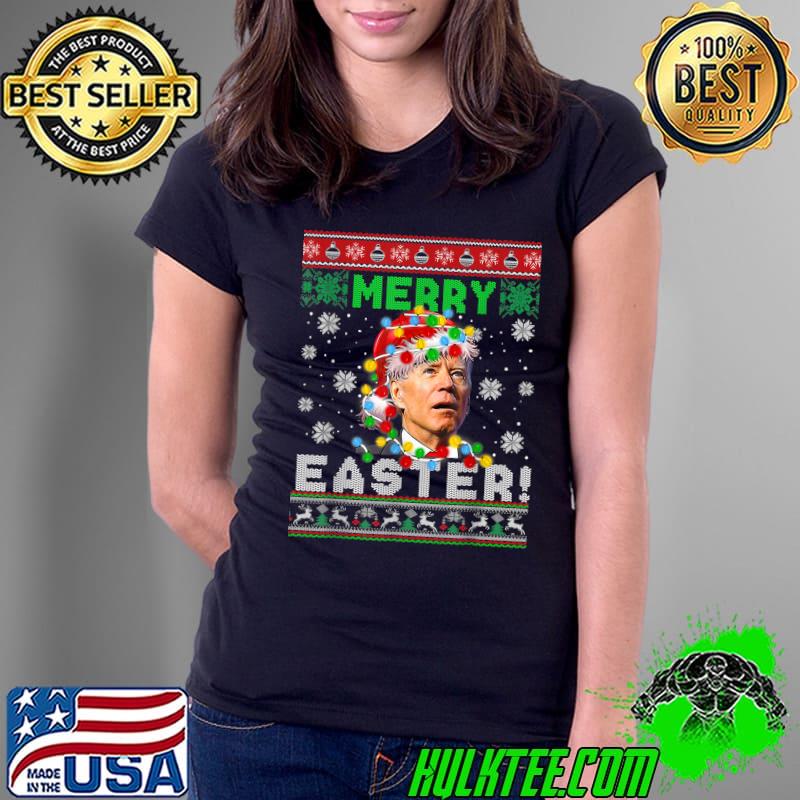 Joe Biden Santa Hat Lights Merry Easter Ugly Christmas Sweater T-Shirt Ladies Tee Joe Biden Santa Hat Lights Merry Easter Ugly Christmas Sweater T-Shirt Ladies Tee