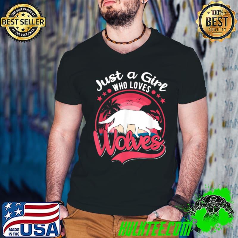 Just a girl who loves wolves wolf palm tree vintage sunset T-Shirt