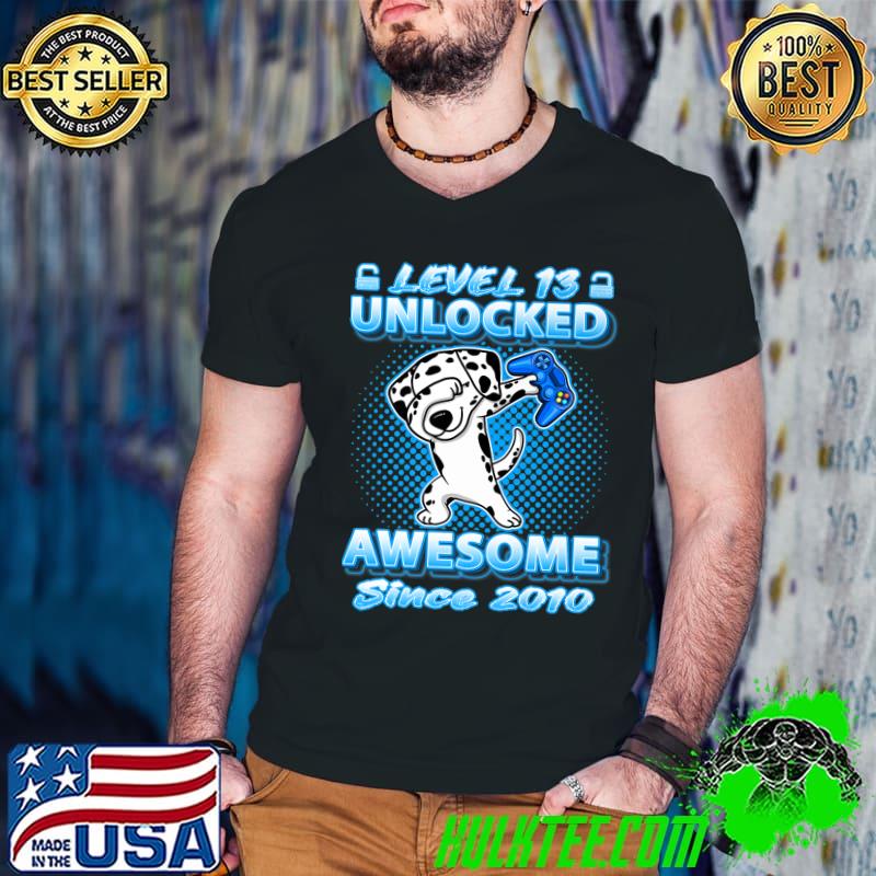 Level 13 Unlocked Born 2010 Dabbing Dalmatian 13th Birthday Video Game T-Shirt