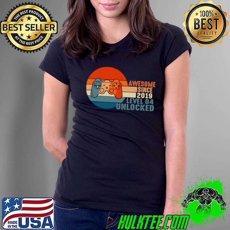 Level 4 Unlocked Awesome Since 2019 4th Birthday Gaming Vintage Sunset T-Shirt Ladies Tee Level 4 Unlocked Awesome Since 2019 4th Birthday Gaming Vintage Sunset T-Shirt Ladies Tee