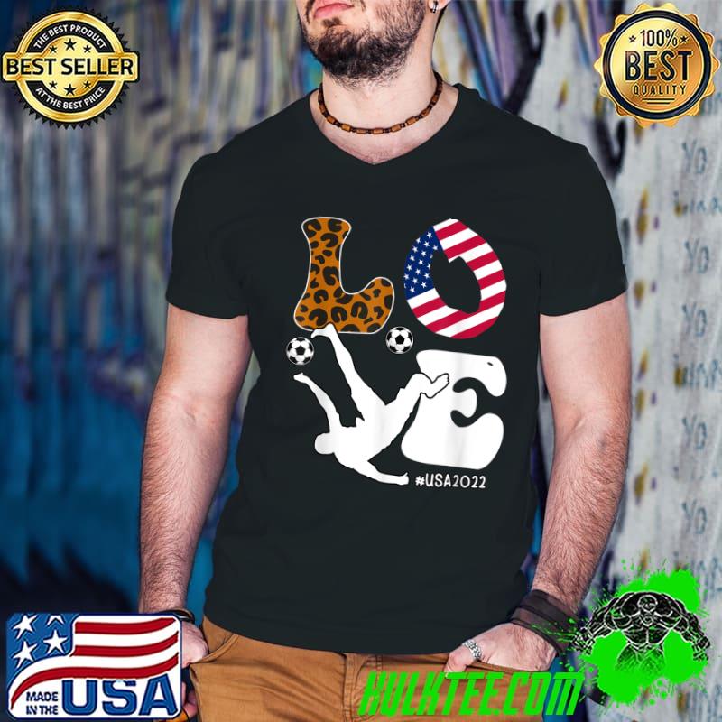 Love Usa 2022 Soccer Team American Flag Buffalo Plaid Leopard Football T-Shirt