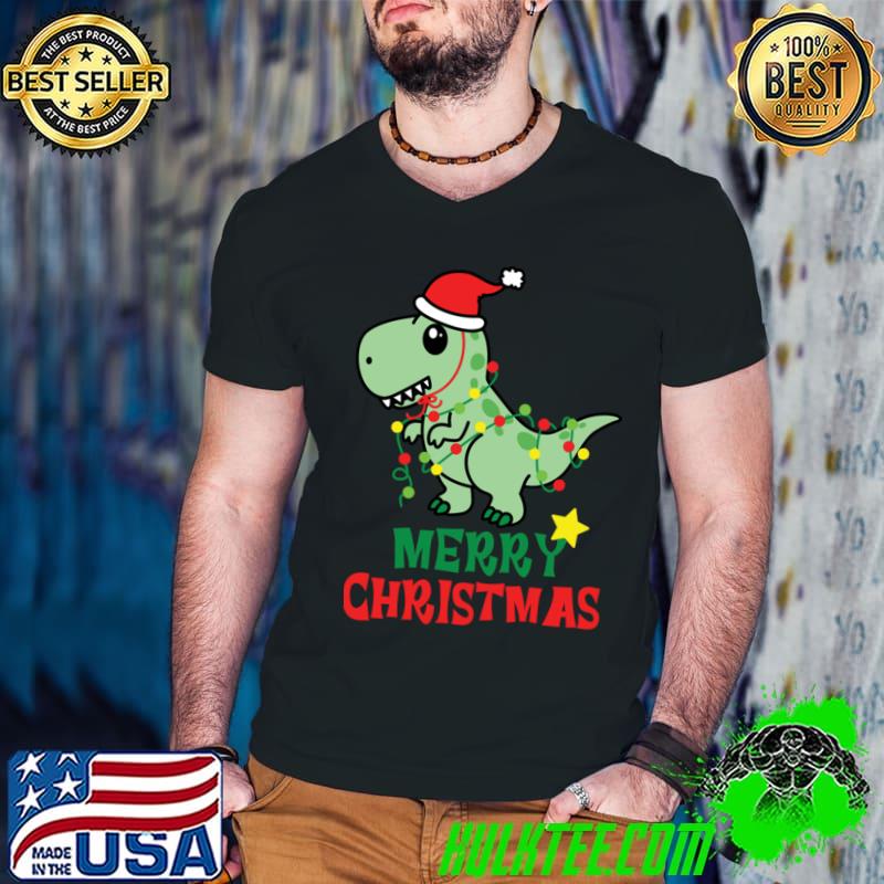 Merry Christmas Dinosaur T-rex Cute And Lights Santa Hat T-Shirt
