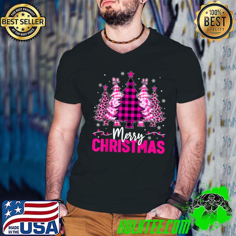 Merry Christmas Plaid Christmas Leopard Tree Light Pink T-Shirt