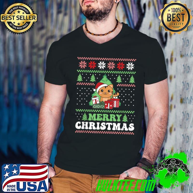 Merry Christmas Retro Ugly Christmas Cat With Santa Hat And Gifts T-Shirt