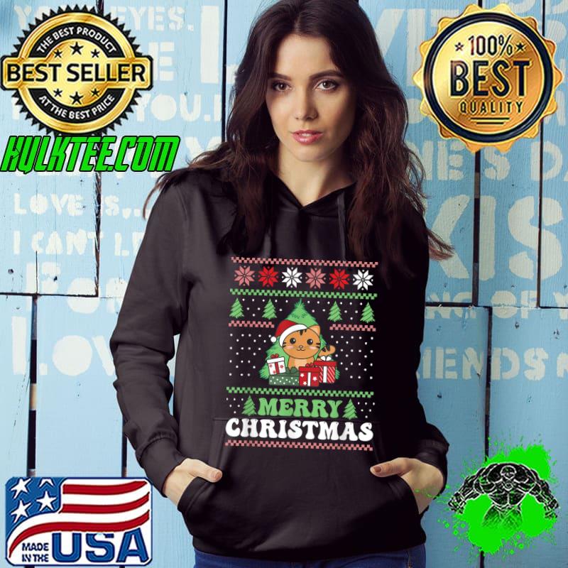 Merry Christmas Retro Ugly Christmas Cat With Santa Hat And Gifts T-Shirt Hoodie Merry Christmas Retro Ugly Christmas Cat With Santa Hat And Gifts T-Shirt Hoodie
