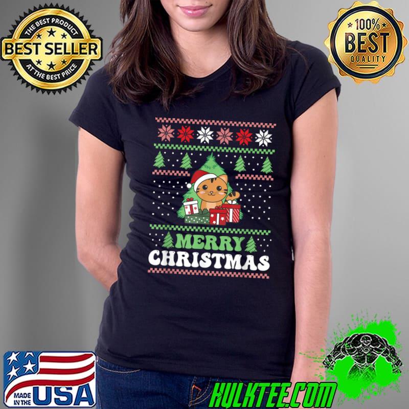 Merry Christmas Retro Ugly Christmas Cat With Santa Hat And Gifts T-Shirt Ladies Tee Merry Christmas Retro Ugly Christmas Cat With Santa Hat And Gifts T-Shirt Ladies Tee