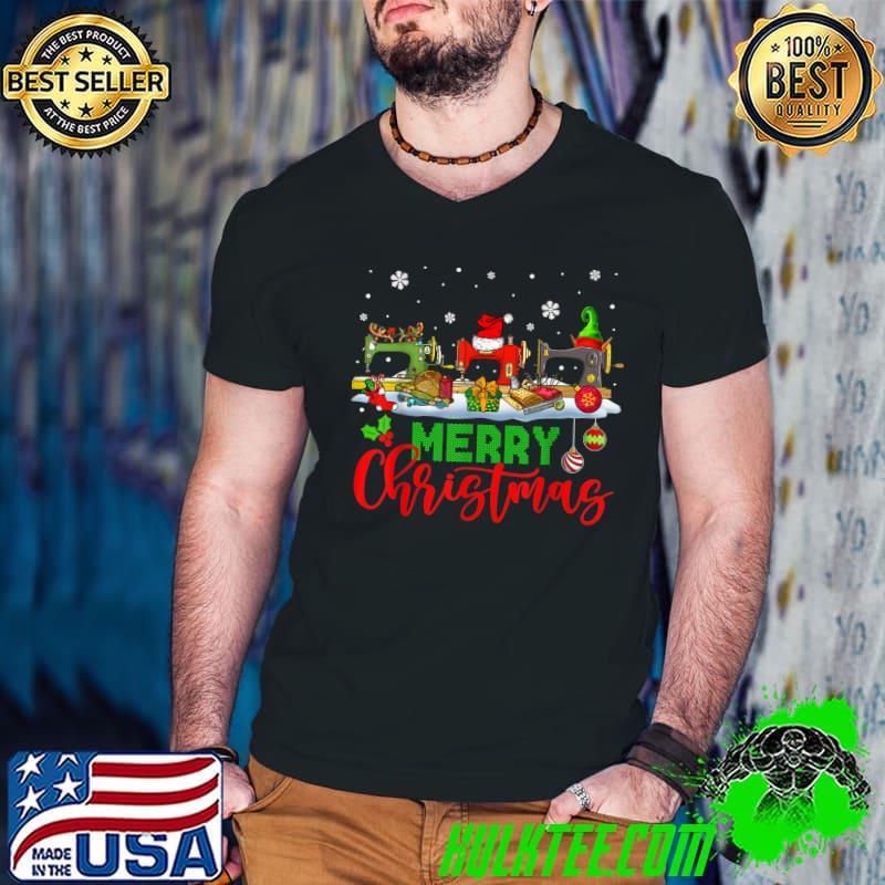 Merry Christmas Three Santa Reindeer Elf Sewing Machines T-Shirt