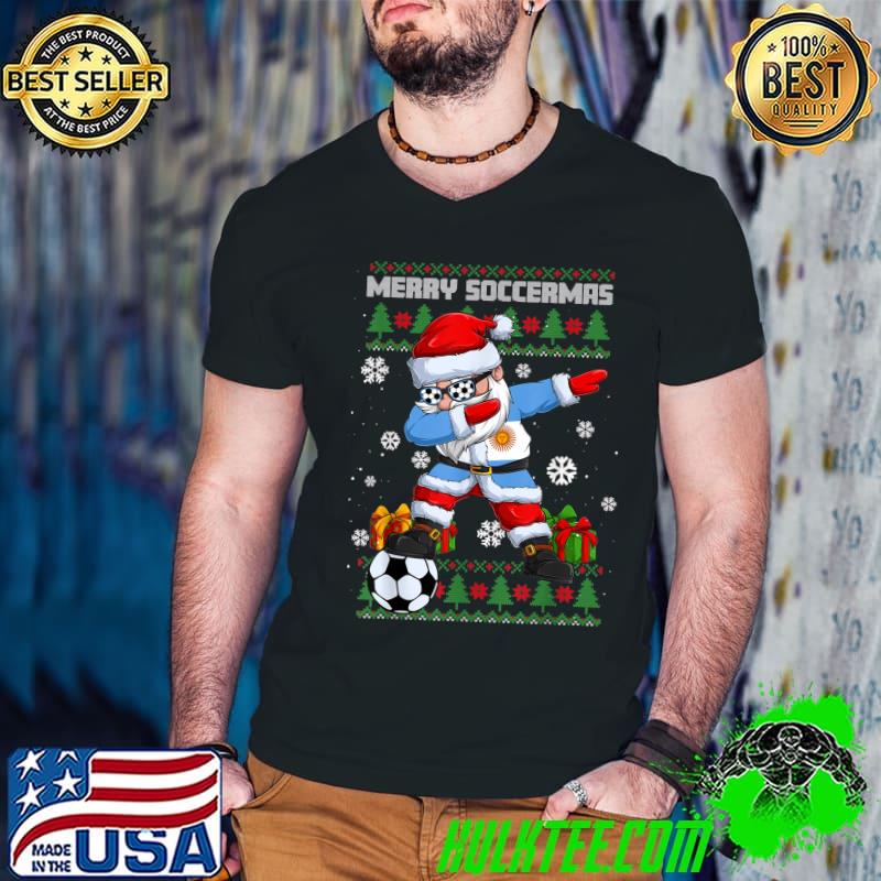 Merry Soccermas Soccer Dabbing Santa Sunglasses Ball Argentina Flag Ugly T-Shirt
