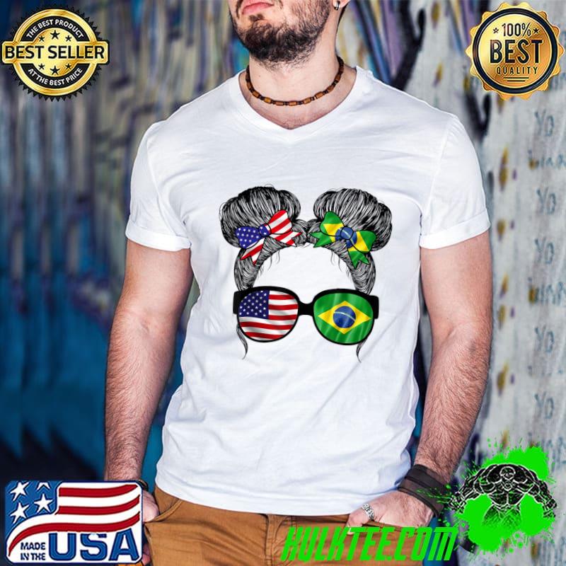 Messy Bun With Sunglasses And Ribbon Half American Half Brazilian Usa Brazil Flag Patriot T-Shirt